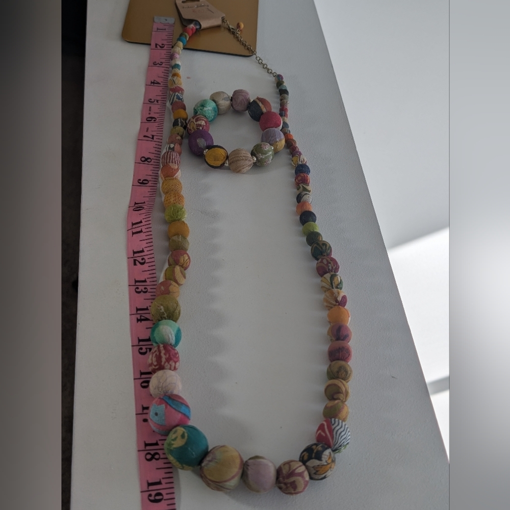 Bohemian Multicolor Fabric Beaded Necklace and Bracelet Set - Picture 4 of 4